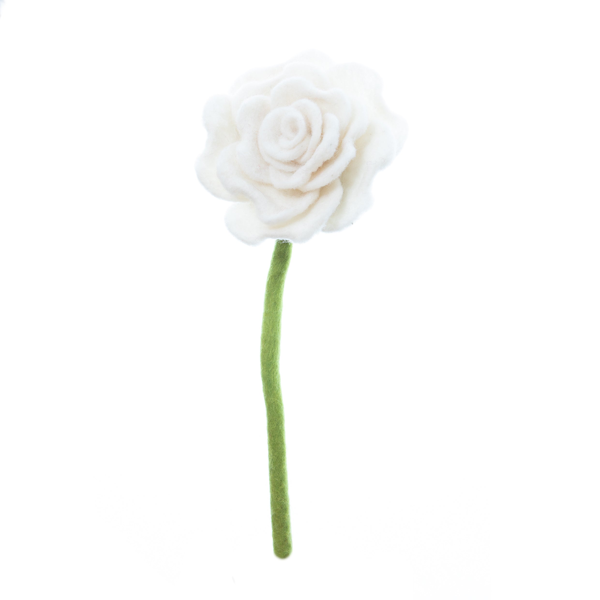 White Blooming Rose, had made in Nepal. Bendable wire stem. Azo-free dyes non toxic felted wool. Perfect for flower bouquet.