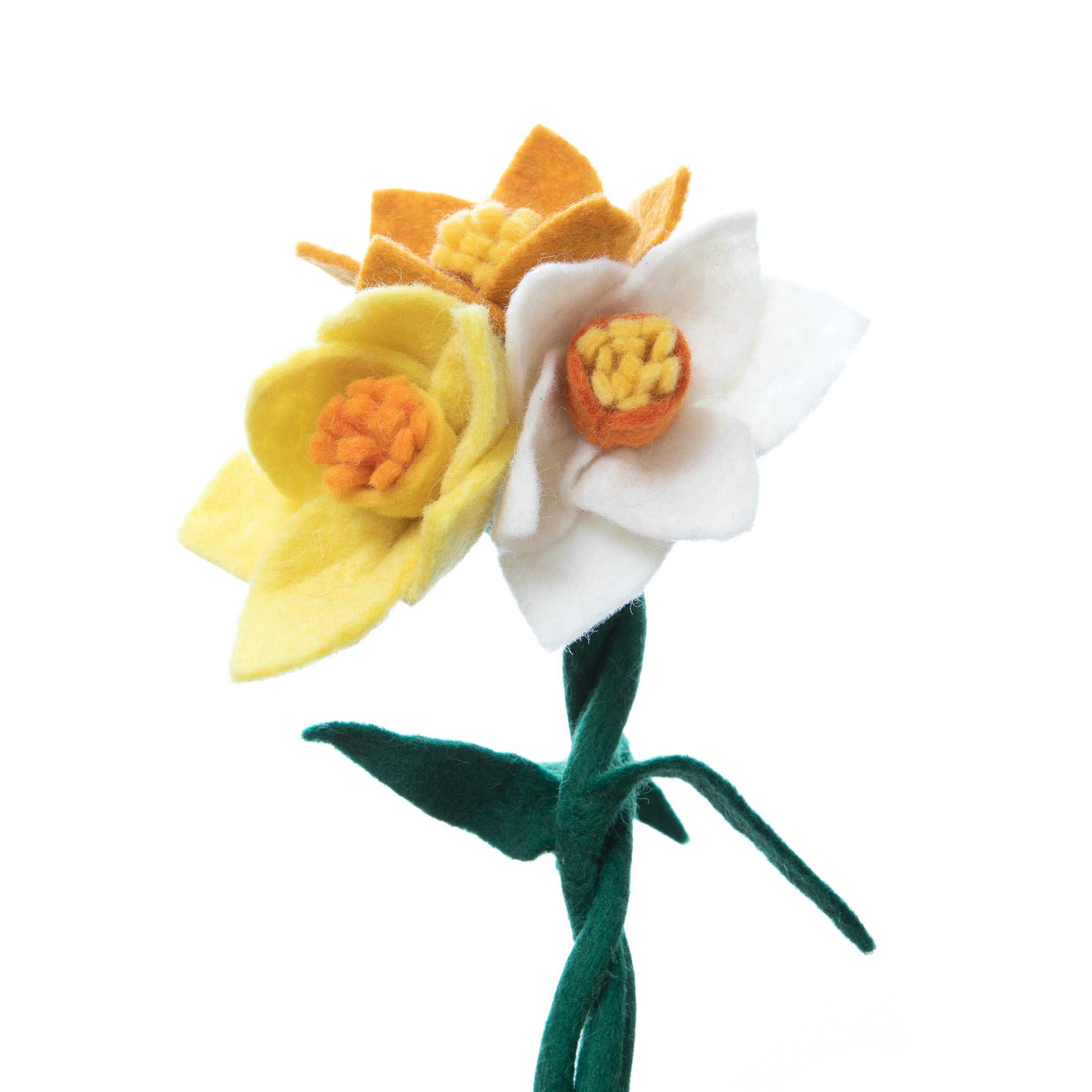 Decorative Felt Flower Daffodils, bendable wire stem with multiple flower petals. Comes in three colors.