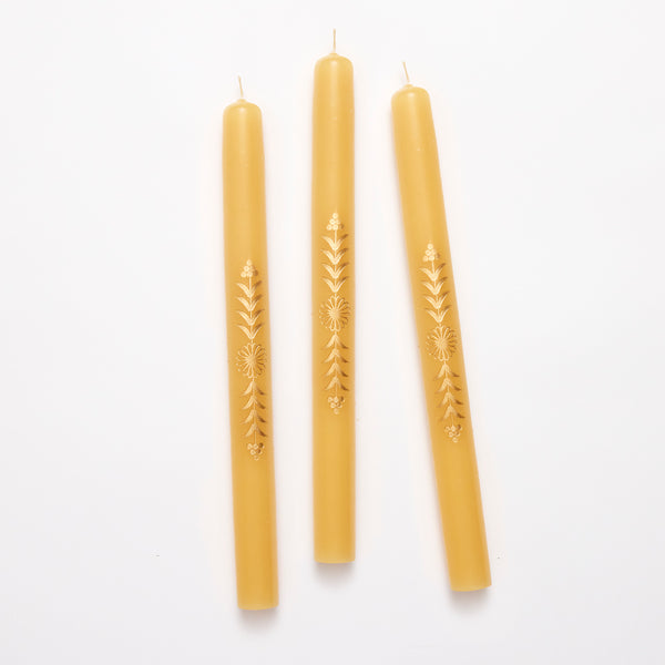 Floral Taper Candle 10" Gold, Set of Three