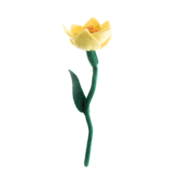 Bright Yellow Felt Daffodils hand made in Nepal. Bendable wire stem. Azo-free, non toxic felted wool. Great for decorating any purpose.