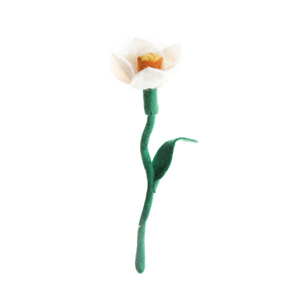 White Felt Daffodils hand made in Nepal. Bendable wire stem. Azo-free, non toxic felted wool. Great for decorating any purpose.