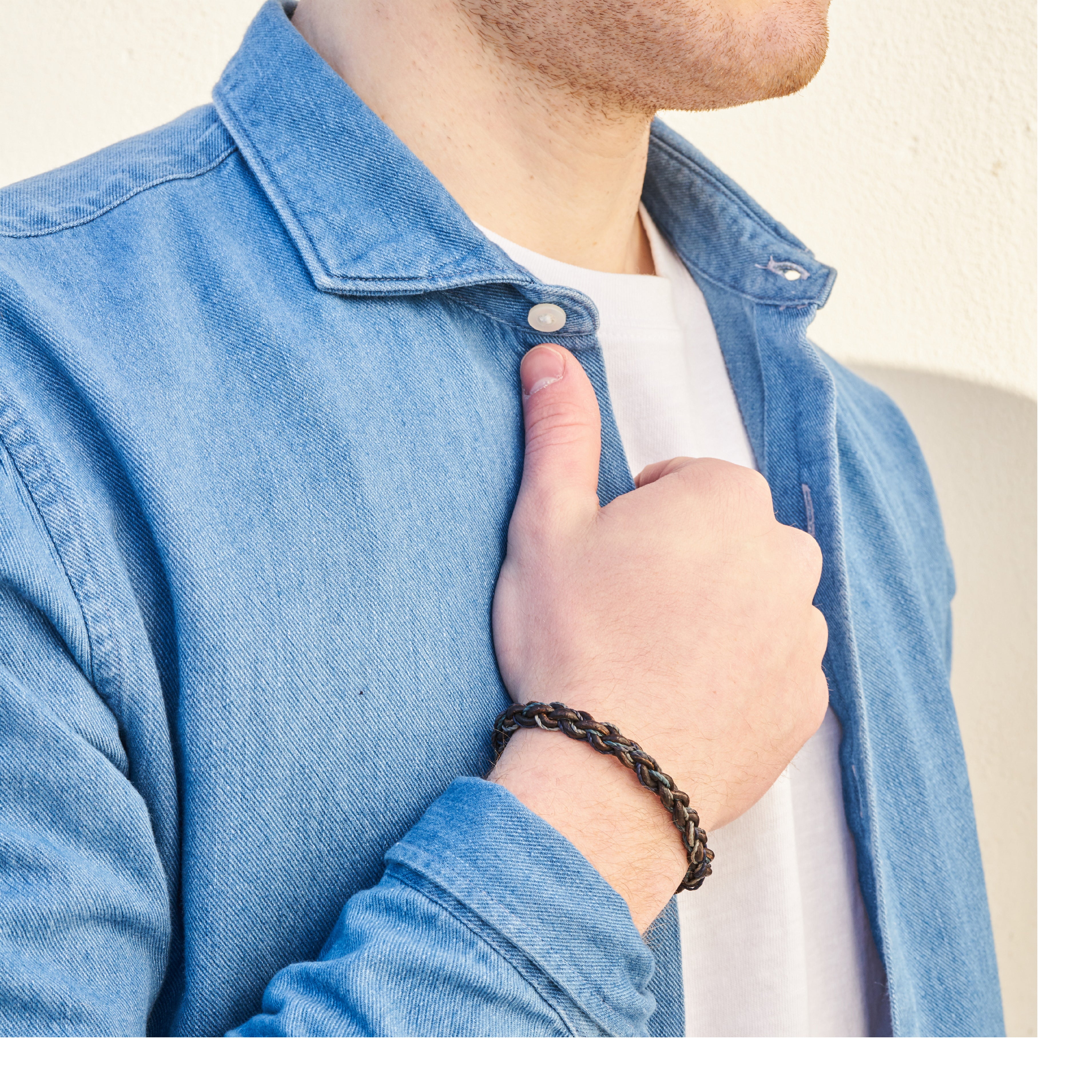 Men's Leather Braided Bracelet, blue: Handmade Guatemala stacking bracelet vintage fairtrade wholesale