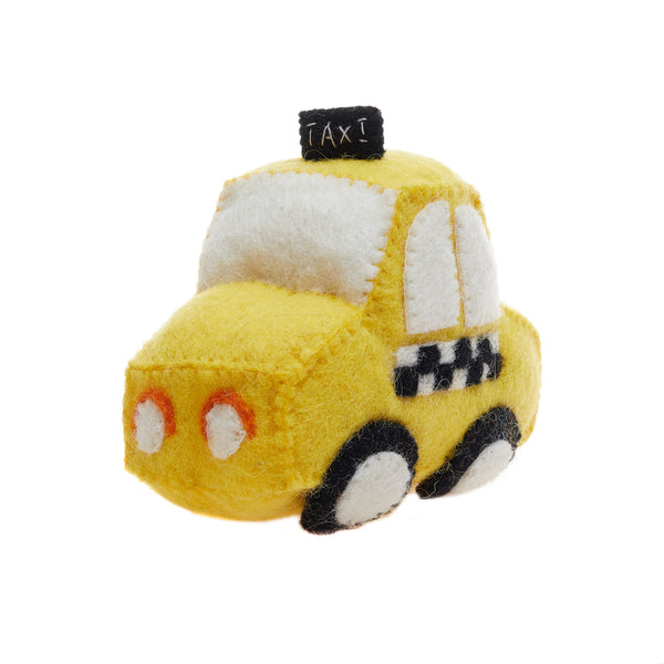 Yellow felt taxi cab toy for toddlers and pre-school kids. Safe, non-toxic, durable, handmade fair trade transportation toy. Global Goods Partners. Handmade in Nepal. 