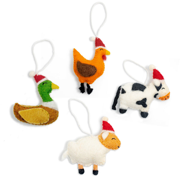 Felt Farm Animal Santa Hat Ornaments